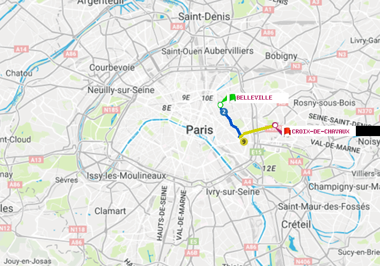 plan itinéraire ratp de Belleville à Croix-de-Chavaux (Jacques Duclos)