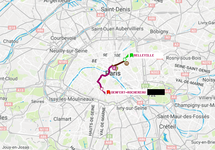 plan itinéraire ratp de Belleville à Denfert-Rochereau
