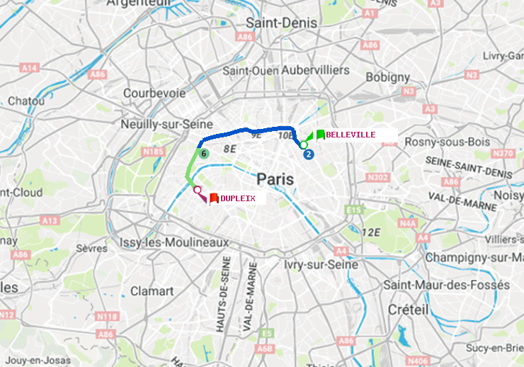 plan itinéraire ratp de Belleville à Dupleix