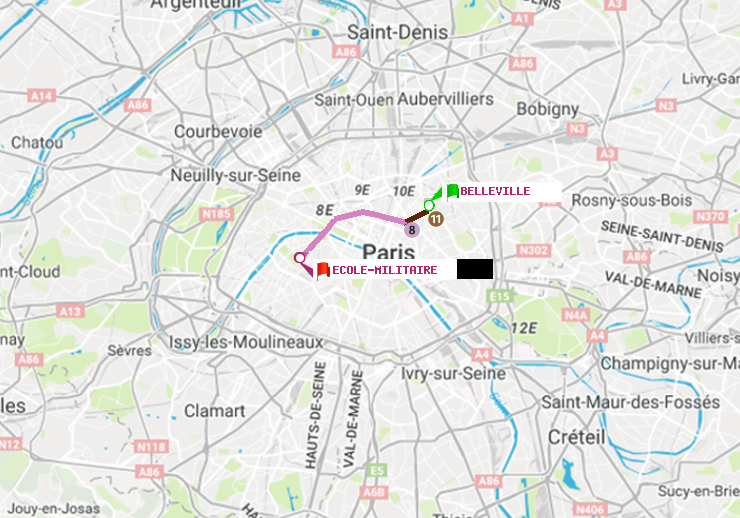 plan itinéraire ratp de Belleville à Ecole Militaire