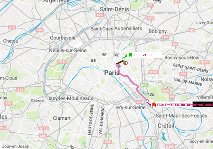 plan itinéraire ratp de Belleville à Ecole Vétérinaire de Maisons-Alfort