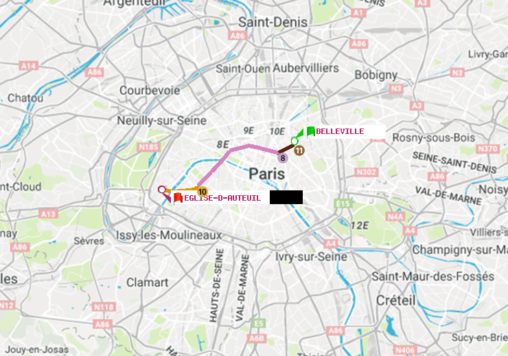 plan itinéraire ratp de Belleville à Eglise d
