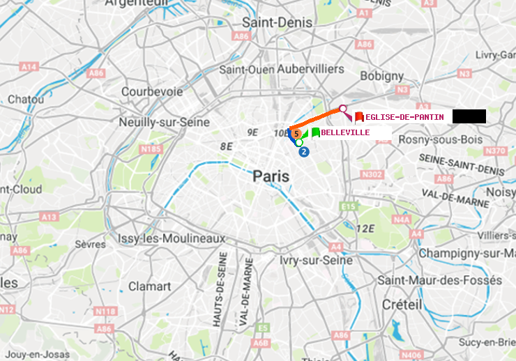 plan itinéraire ratp de Belleville à Eglise de Pantin