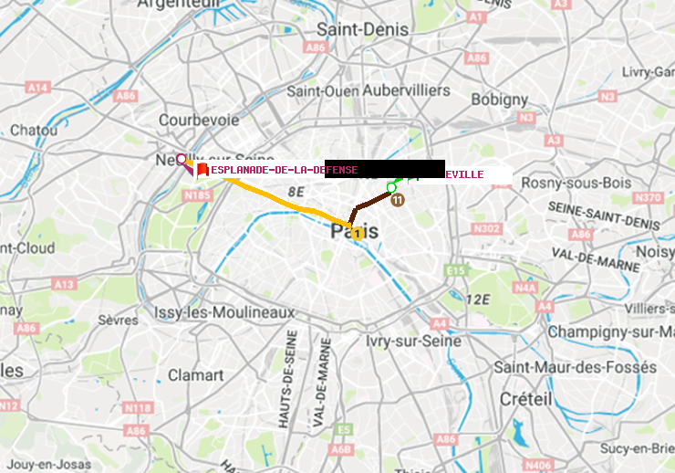 plan itinéraire ratp de Belleville à Esplanade de la Défense