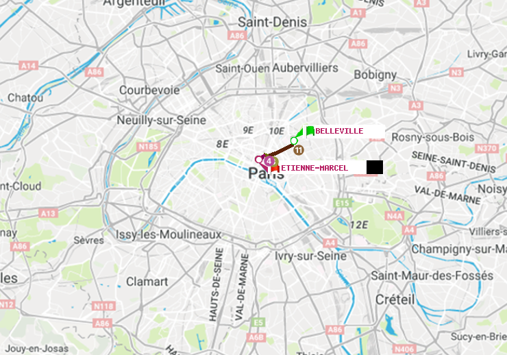 plan itinéraire ratp de Belleville à Etienne Marcel