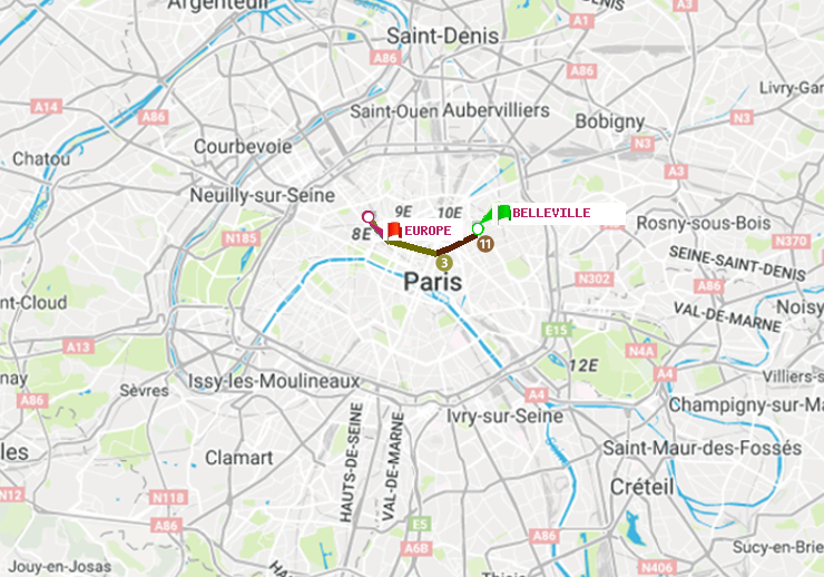 plan itinéraire ratp de Belleville à Europe