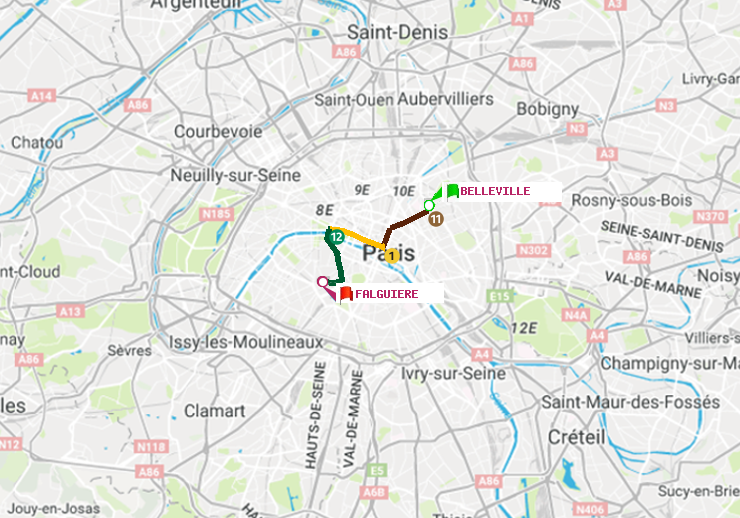 plan itinéraire ratp de Belleville à Falguière