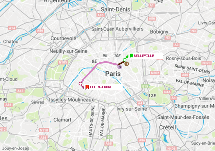 plan itinéraire ratp de Belleville à Félix Faure