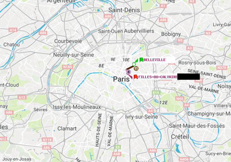 plan itinéraire ratp de Belleville à Filles du Calvaire