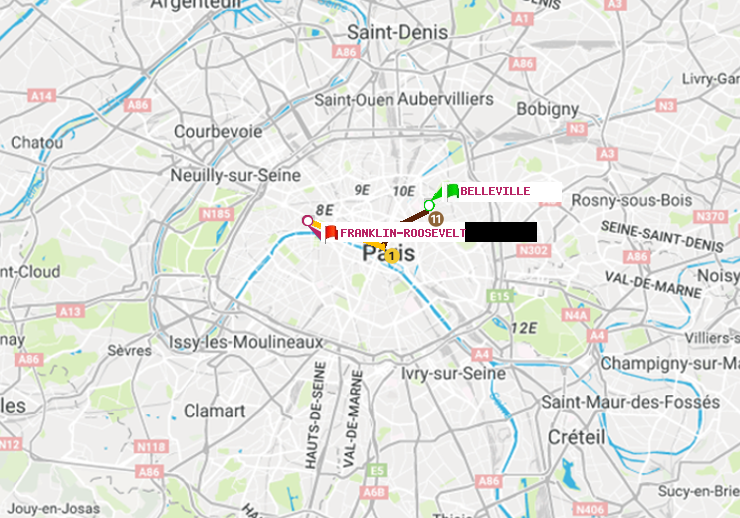 plan itinéraire ratp de Belleville à Franklin-Roosevelt