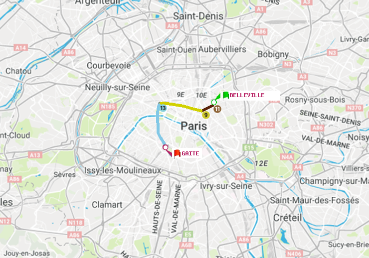 plan itinéraire ratp de Belleville à Gaité