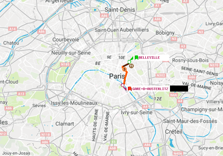 plan itinéraire ratp de Belleville à Gare d