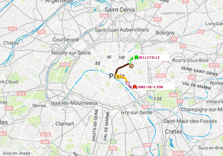 plan itinéraire ratp de Belleville à Gare de Lyon
