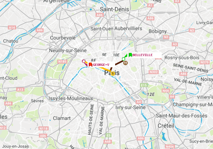 plan itinéraire ratp de Belleville à George V