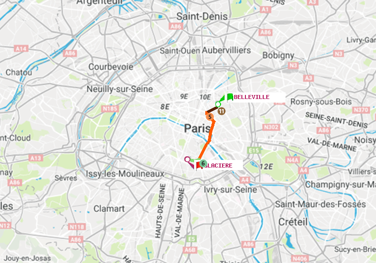 plan itinéraire ratp de Belleville à Glacière