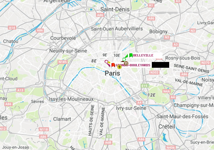 plan itinéraire ratp de Belleville à Grands Boulevards