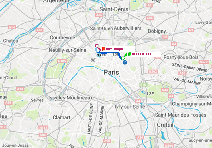 plan itinéraire ratp de Belleville à Guy-Môquet