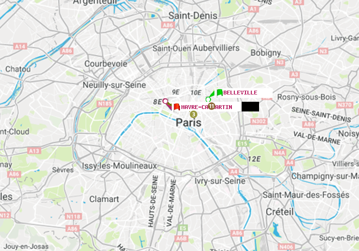 plan itinéraire ratp de Belleville à Havre-Caumartin