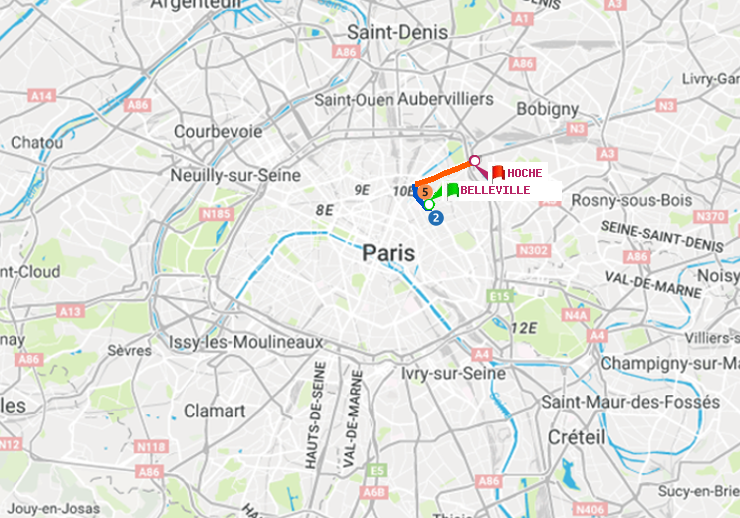 plan itinéraire ratp de Belleville à Hoche
