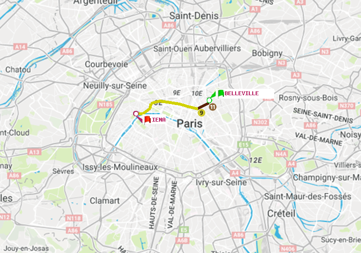 plan itinéraire ratp de Belleville à Iéna