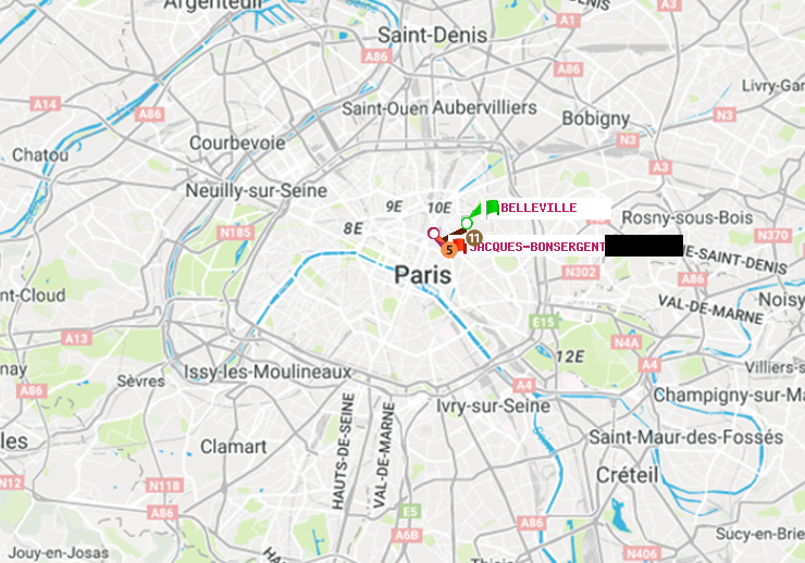 plan itinéraire ratp de Belleville à Jacques-Bonsergent