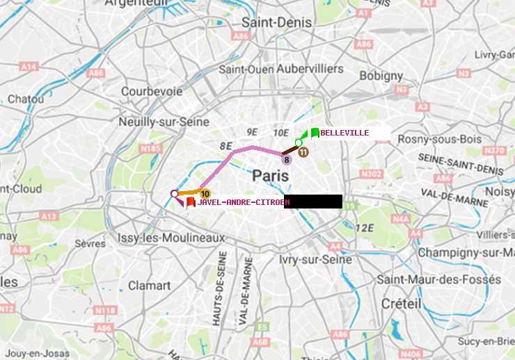 plan itinéraire ratp de Belleville à Javel-André-Citroen