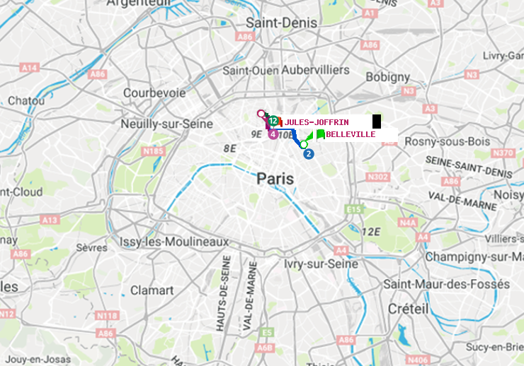 plan itinéraire ratp de Belleville à Jules Joffrin