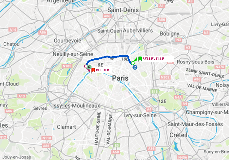 plan itinéraire ratp de Belleville à Kléber