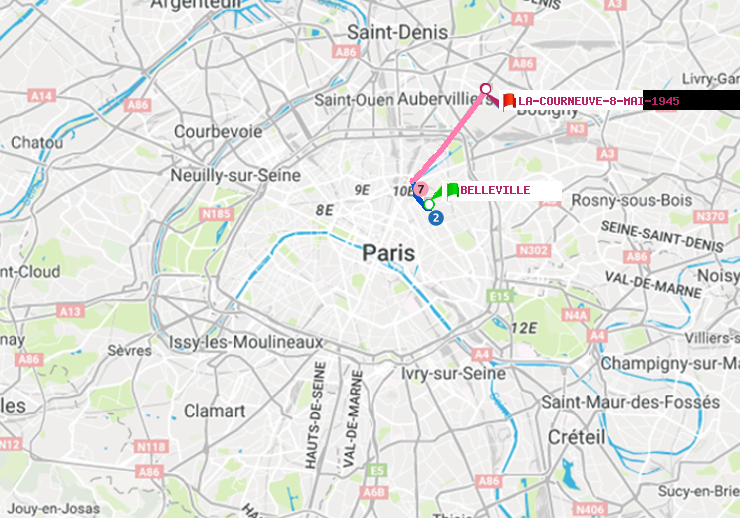 plan itinéraire ratp de Belleville à La Courneuve-8-Mai-1945