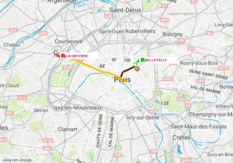 plan itinéraire ratp de Belleville à La Défense (Grande Arche)