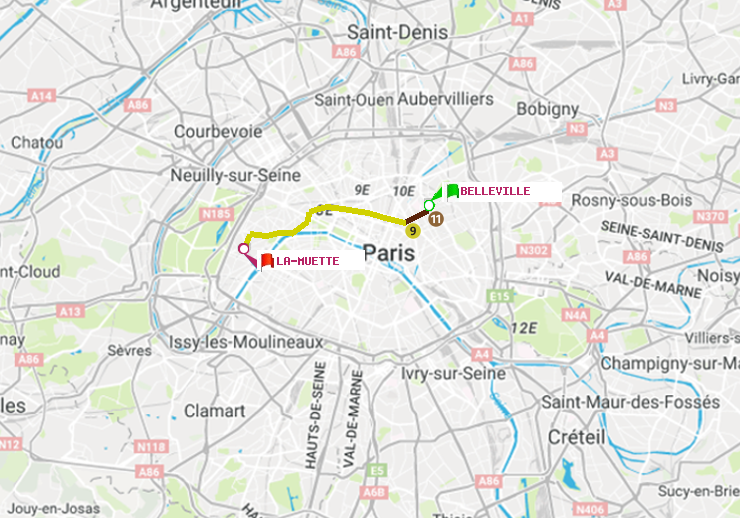 plan itinéraire ratp de Belleville à La Muette