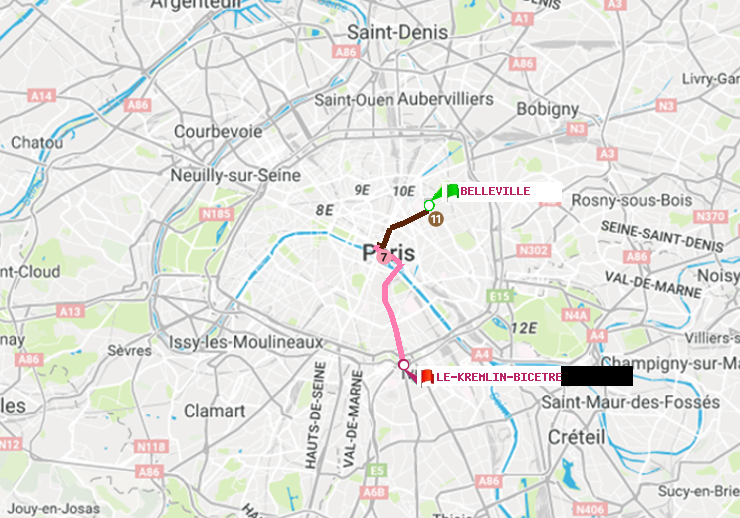 plan itinéraire ratp de Belleville à Le Kremlin-Bicêtre