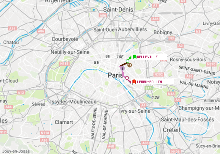 plan itinéraire ratp de Belleville à Ledru-Rollin