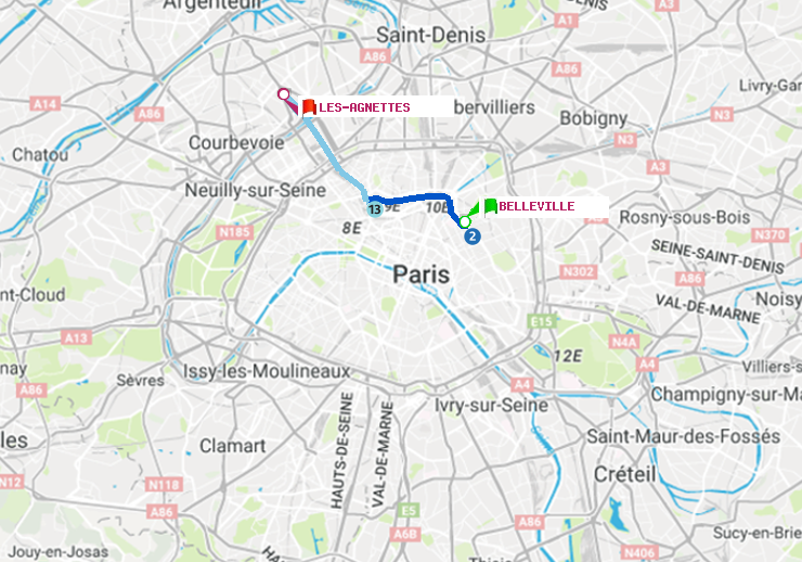 plan itinéraire ratp de Belleville à Les Agnettes