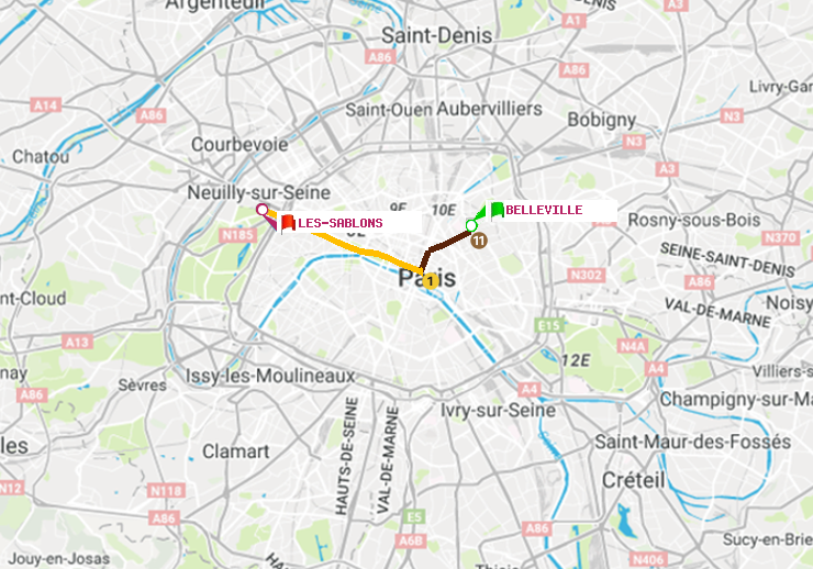 plan itinéraire ratp de Belleville à Les Sablons (Jardin d