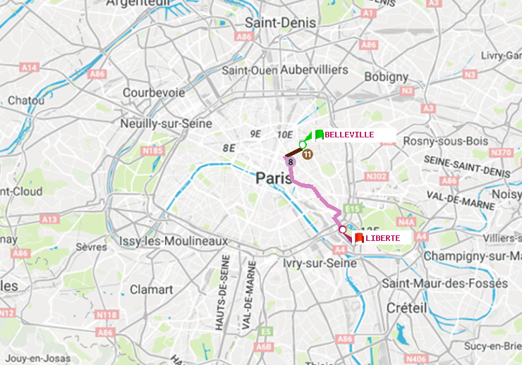 plan itinéraire ratp de Belleville à Liberté