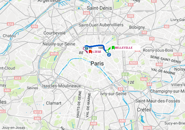 plan itinéraire ratp de Belleville à Liège