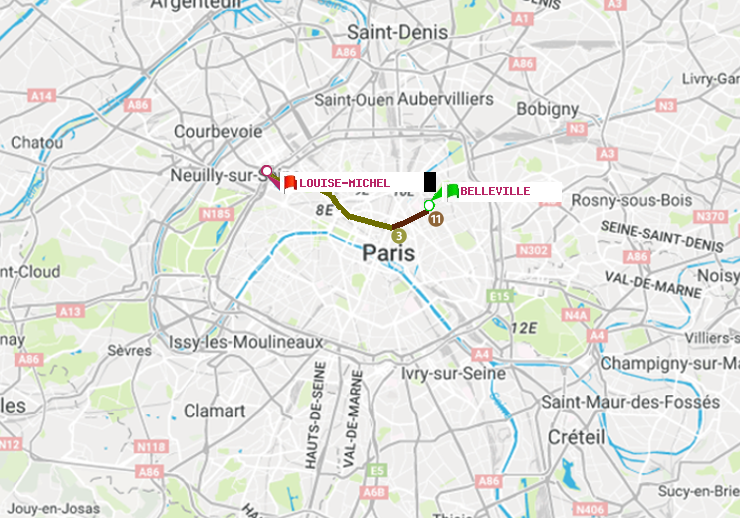 plan itinéraire ratp de Belleville à Louise Michel