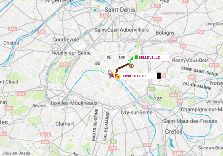 plan itinéraire ratp de Belleville à Louvre-Rivoli