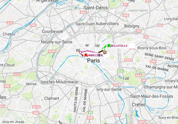plan itinéraire ratp de Belleville à Madeleine