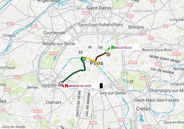 plan itinéraire ratp de Belleville à Mairie d