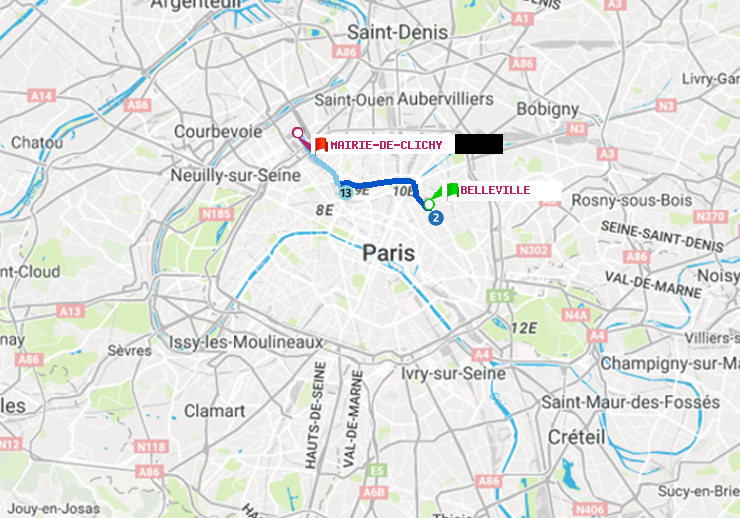 plan itinéraire ratp de Belleville à Mairie de Clichy