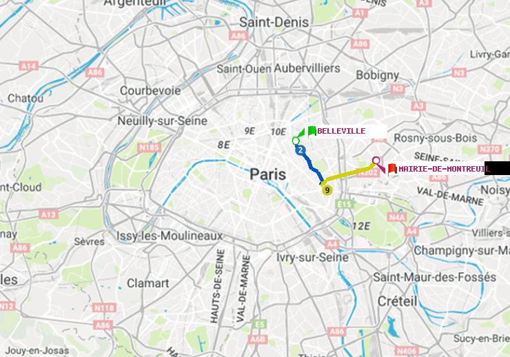 plan itinéraire ratp de Belleville à Mairie de Montreuil