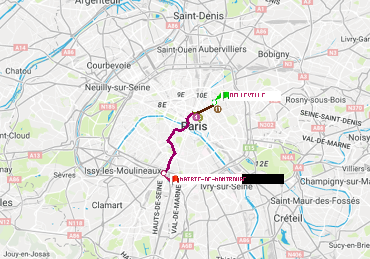 plan itinéraire ratp de Belleville à Mairie de Montrouge