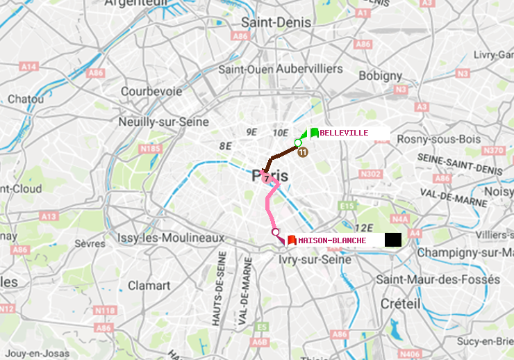 plan itinéraire ratp de Belleville à Maison Blanche