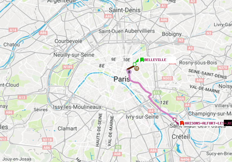 plan itinéraire ratp de Belleville à Maisons-Alfort-Les Juilliottes
