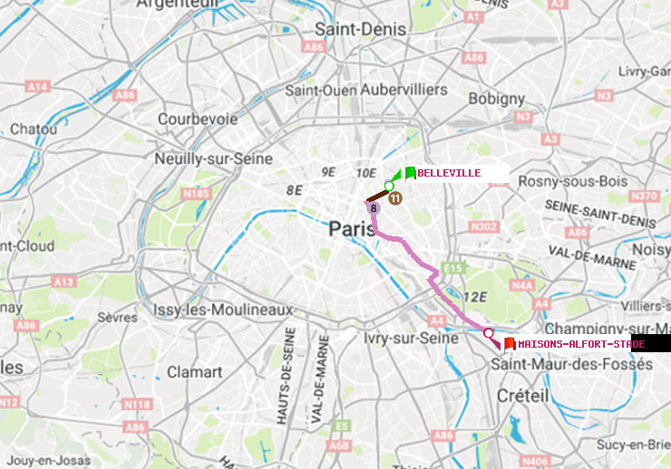 plan itinéraire ratp de Belleville à Maisons-Alfort-Stade