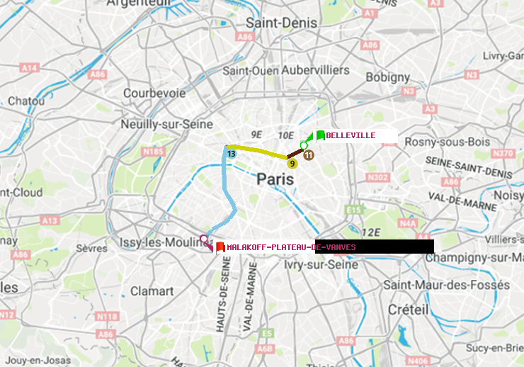 plan itinéraire ratp de Belleville à Malakoff-Plateau de Vanves