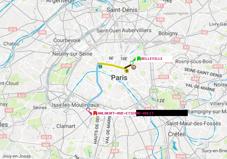 plan itinéraire ratp de Belleville à Malakoff-Rue Etienne Dolet