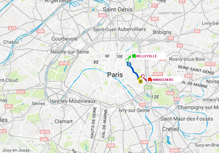 plan itinéraire ratp de Belleville à Maraichers